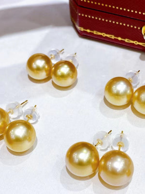 Natural Golden Pearl Stud Earrings in 18k gold