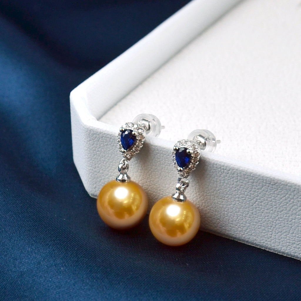 Natural Sapphire And Champagne Pearl Earrings
