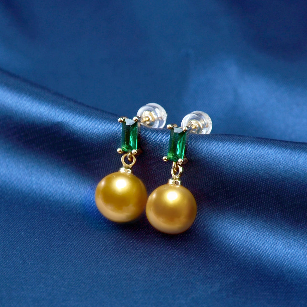 Natural Emerald and Champagne Pearl Earrings