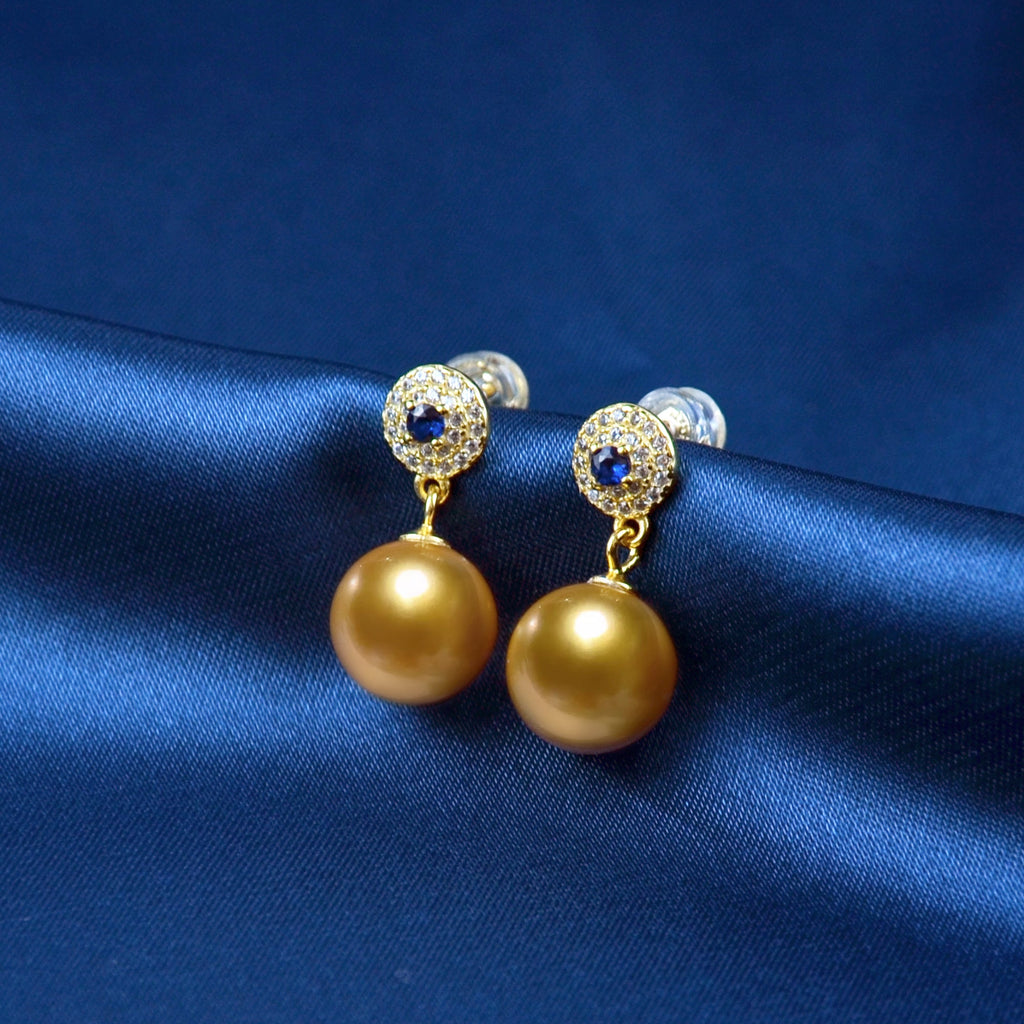 Natural Sapphire And Champagne Pearl Earrings