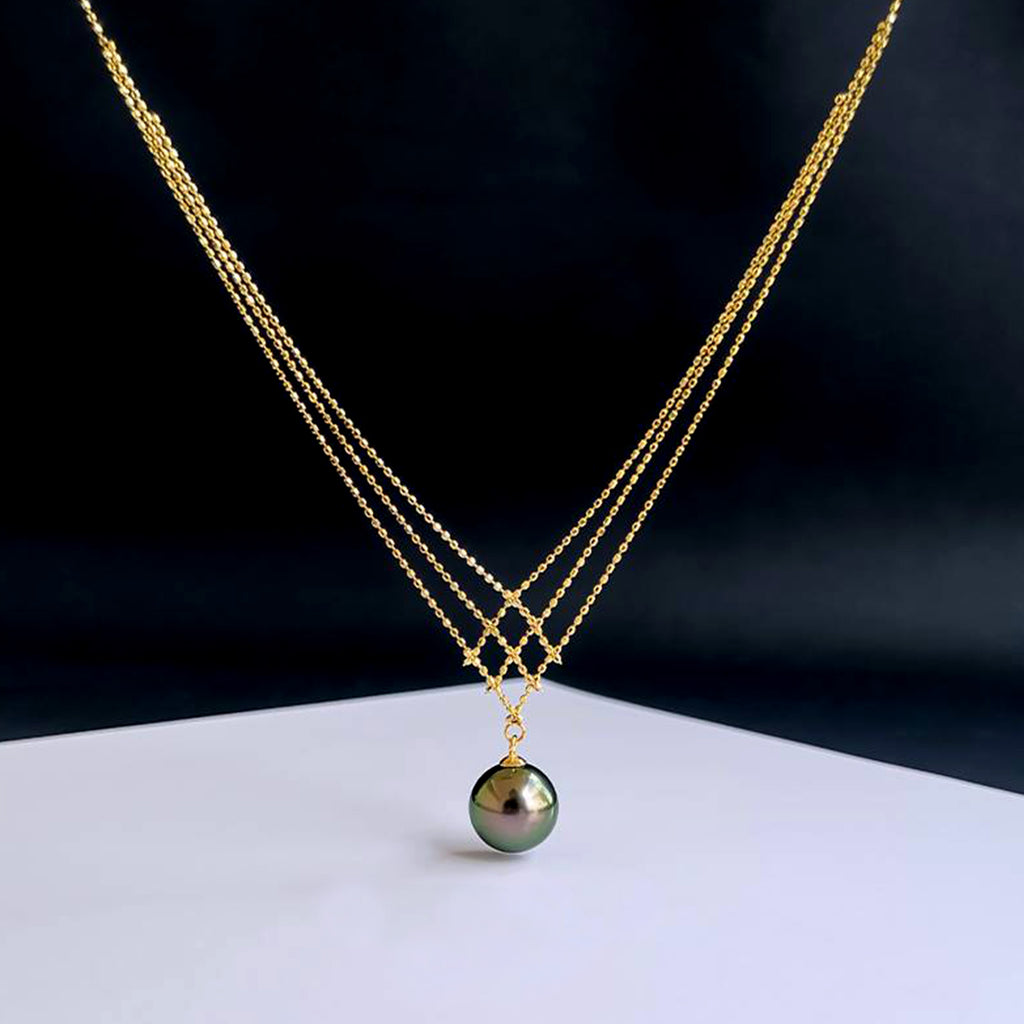 Natural Black Pearl Lace Necklace in 14k Gold