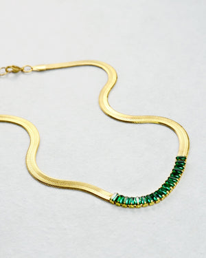 Bold Herringbone Chain Necklace with Emerald